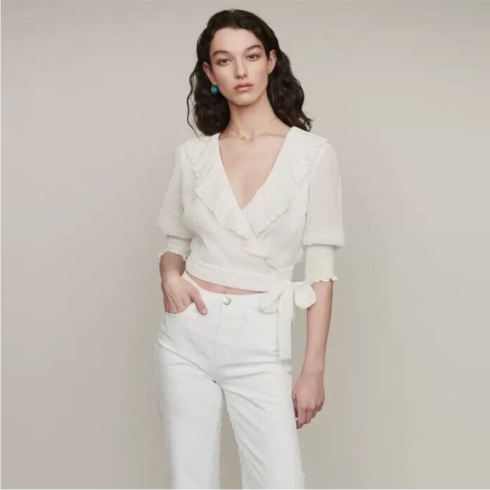 Maje Lusty cropped ruffled Swiss-dot wrap blouse